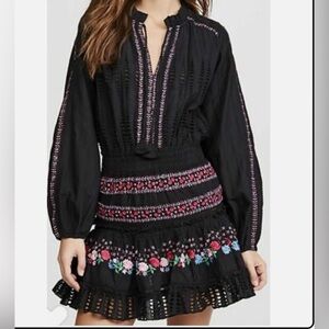 MISA Los Angeles Black Embroidered Long Sleeve Mini Dress with Pink Floral Trim